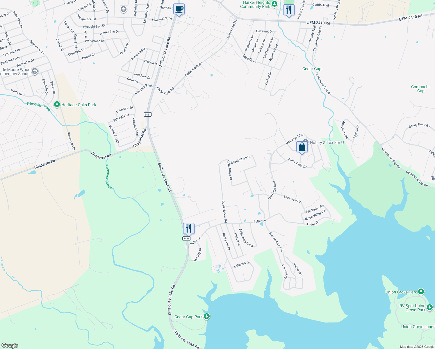 map of restaurants, bars, coffee shops, grocery stores, and more near 3601 Quail Hollow Road in Harker Heights