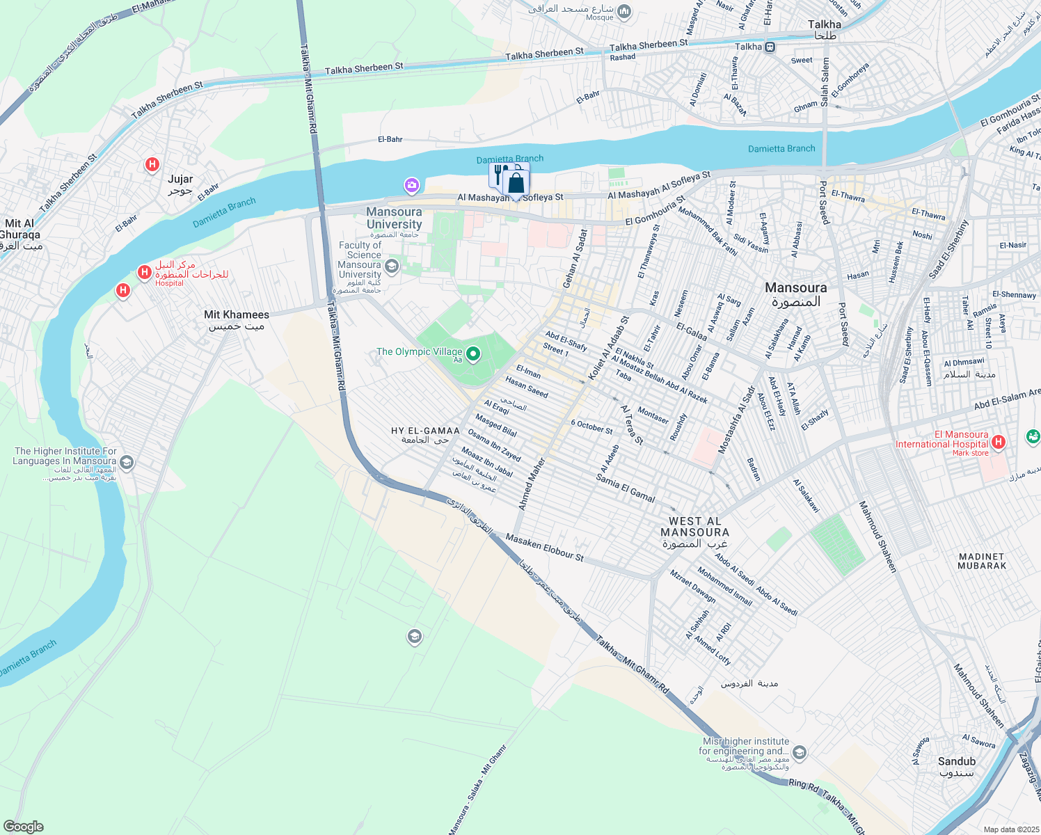 map of restaurants, bars, coffee shops, grocery stores, and more near in El Mansoura