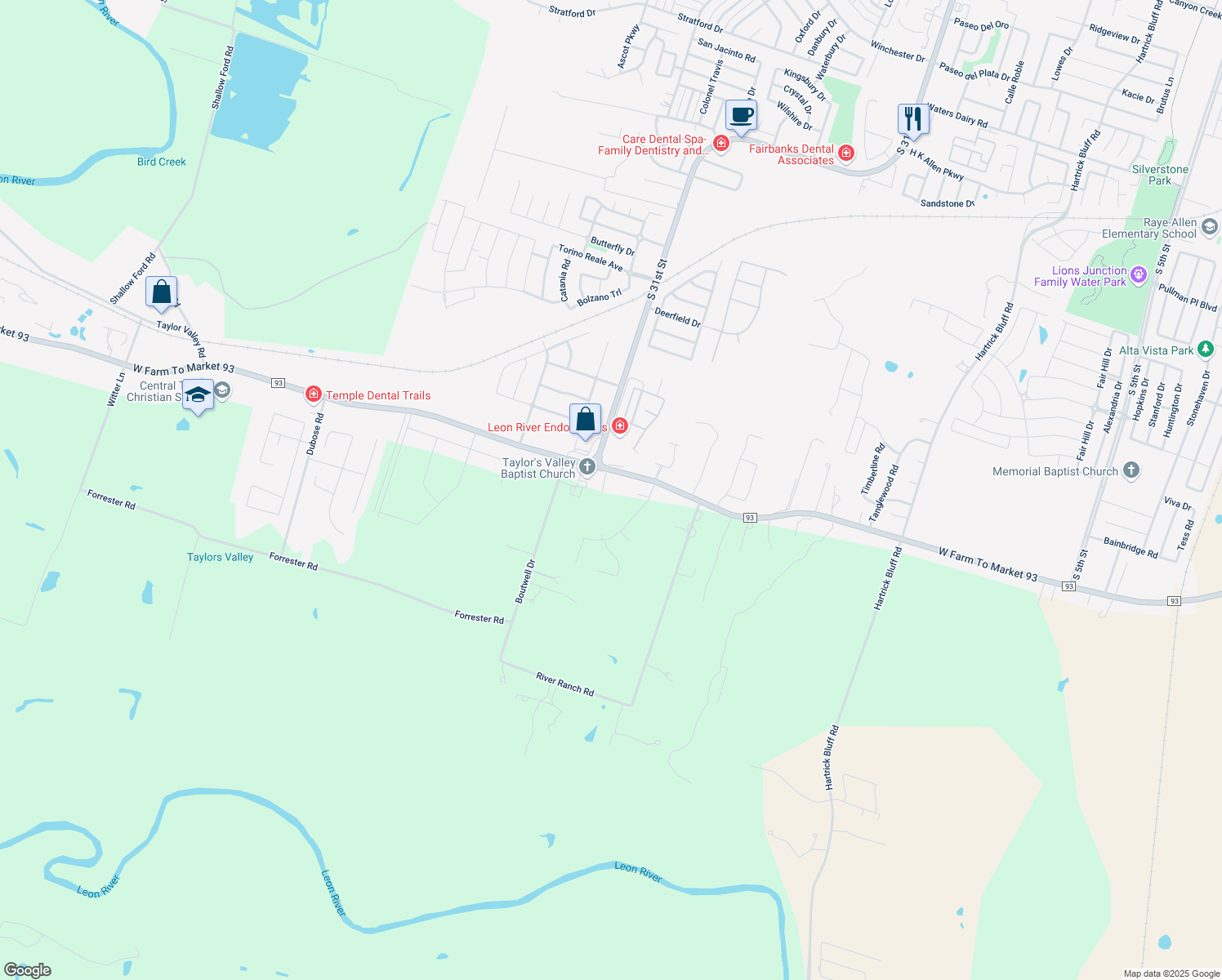 map of restaurants, bars, coffee shops, grocery stores, and more near 6915 Taylors Valley Creek Drive in Temple