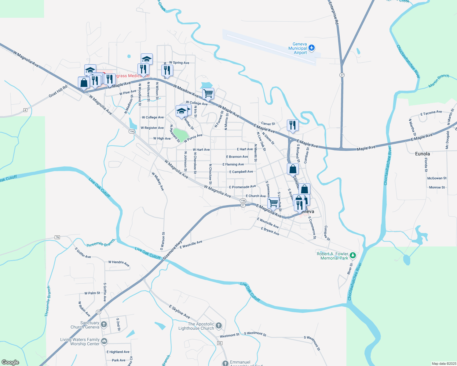 map of restaurants, bars, coffee shops, grocery stores, and more near 207 South Morris Street in Geneva