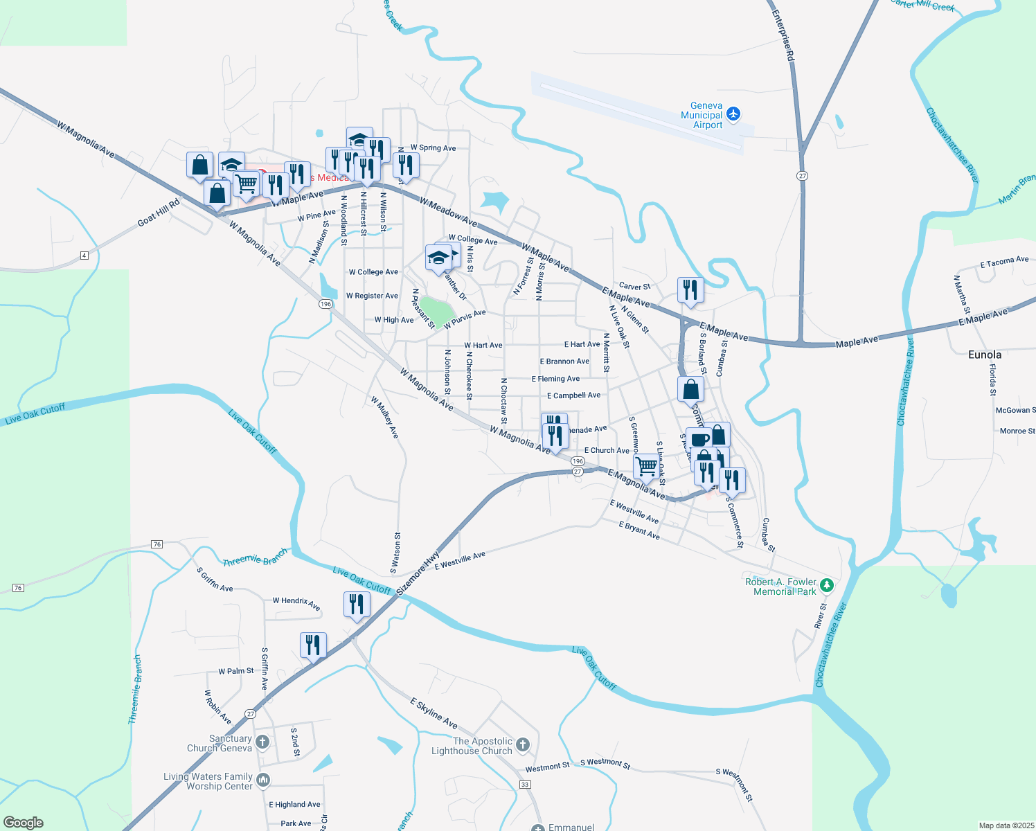 map of restaurants, bars, coffee shops, grocery stores, and more near 110 South Forrest Street in Geneva