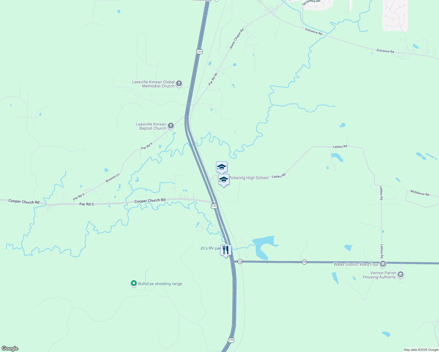 map of restaurants, bars, coffee shops, grocery stores, and more near 167 Lebleu Road in Leesville