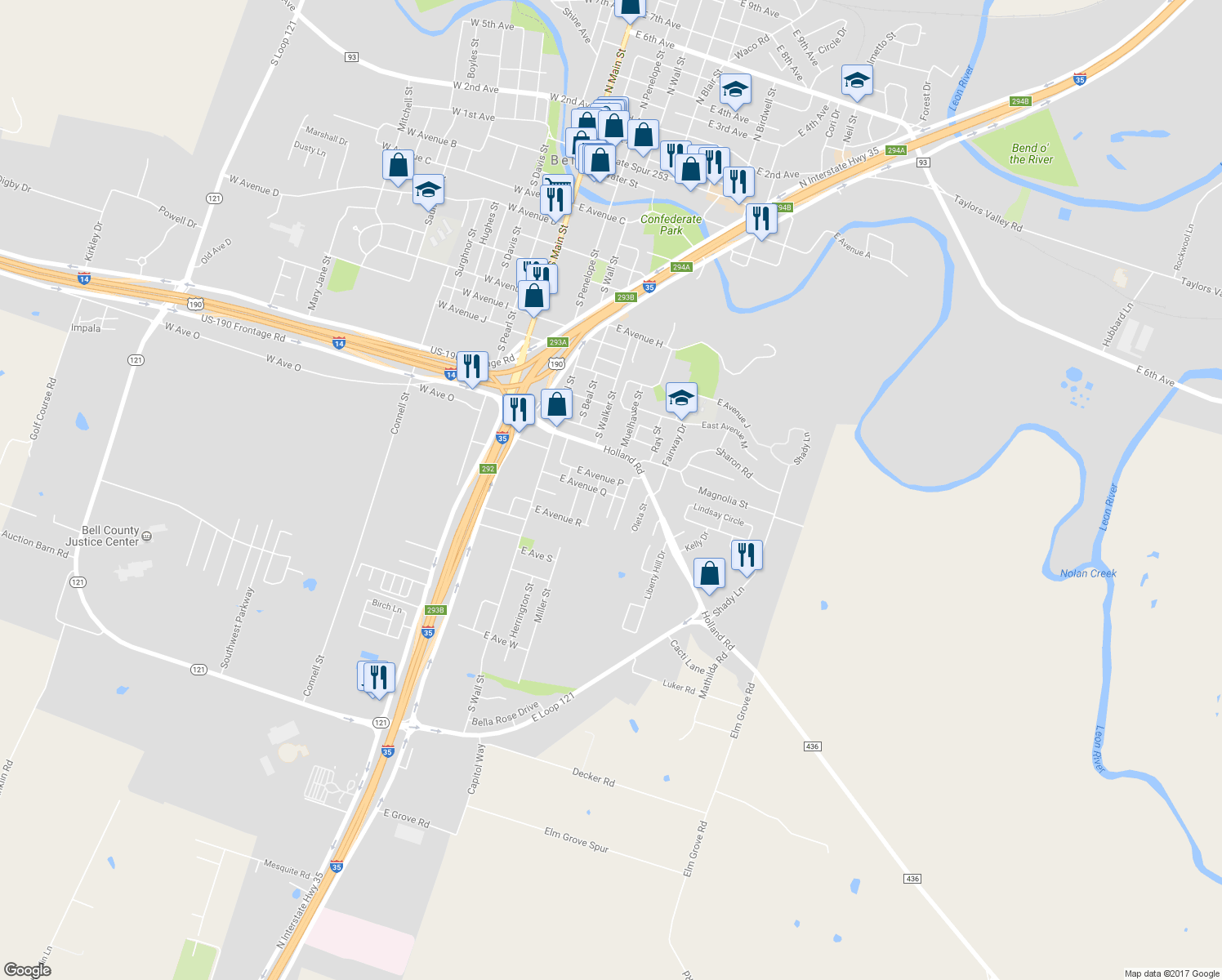 map of restaurants, bars, coffee shops, grocery stores, and more near 614 East Avenue Q in Belton