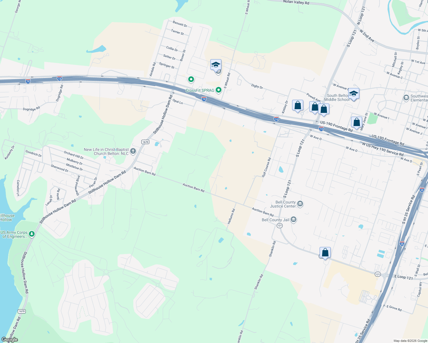 map of restaurants, bars, coffee shops, grocery stores, and more near 2700 Auction Barn Road in Belton