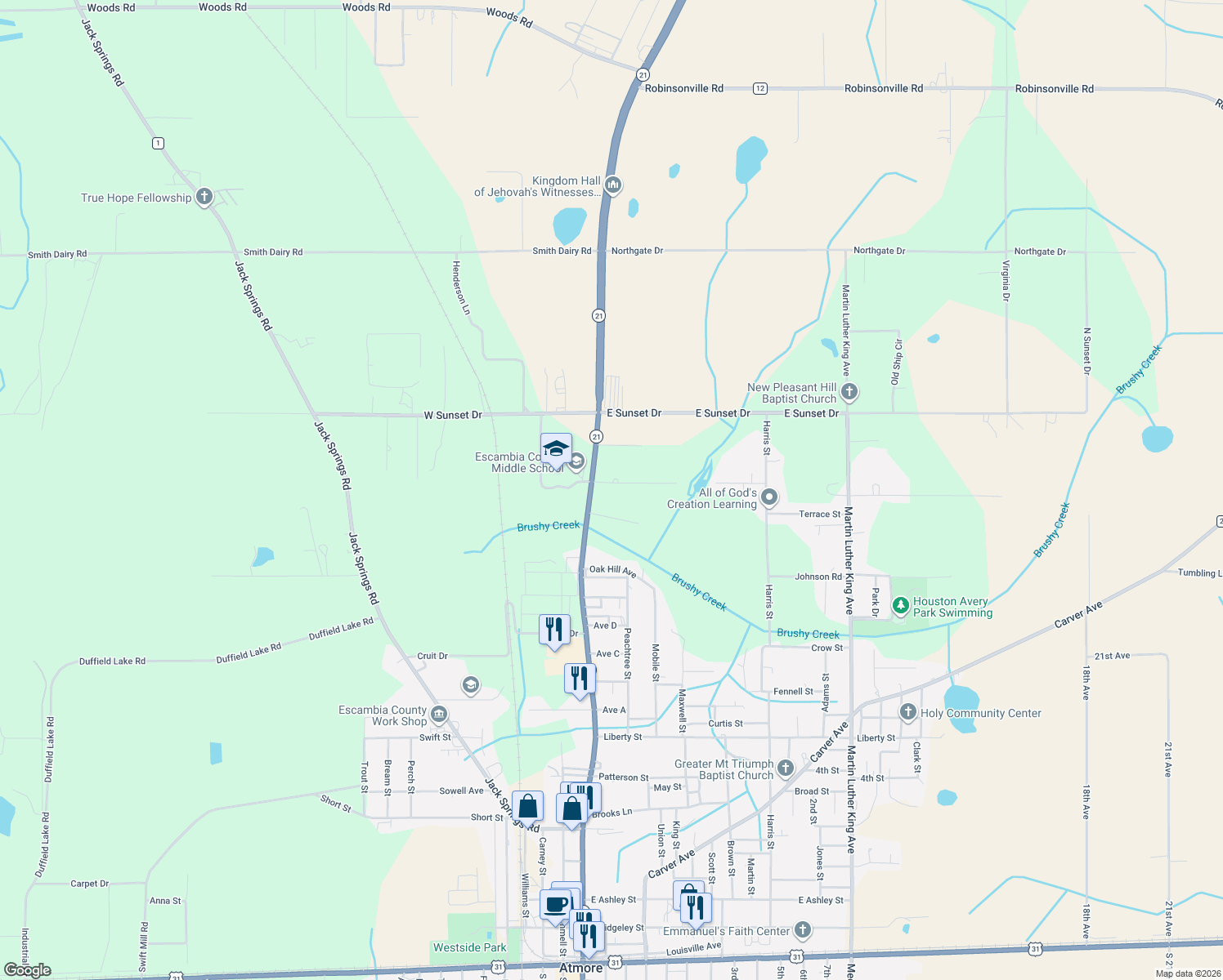 map of restaurants, bars, coffee shops, grocery stores, and more near 70 Golden Road in Atmore
