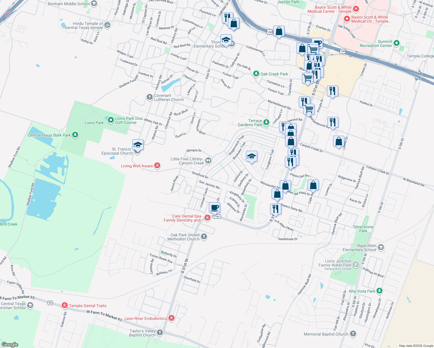 map of restaurants, bars, coffee shops, grocery stores, and more near 4801 Buckskin Trail in Temple