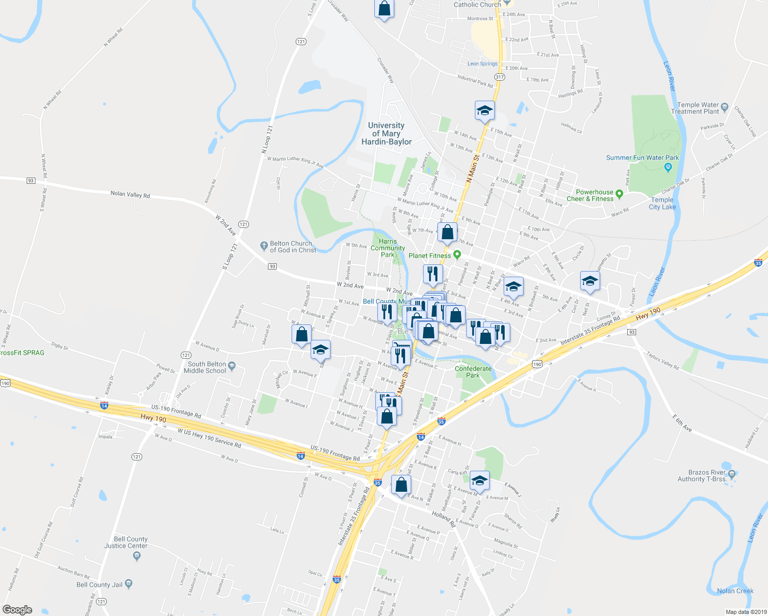 map of restaurants, bars, coffee shops, grocery stores, and more near 310 West 1st Avenue in Belton