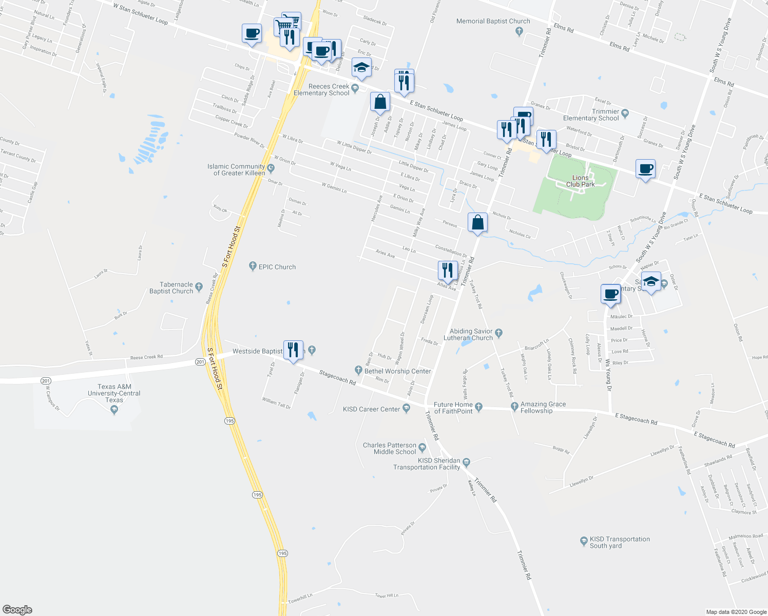 map of restaurants, bars, coffee shops, grocery stores, and more near 6511 Rein Drive in Killeen