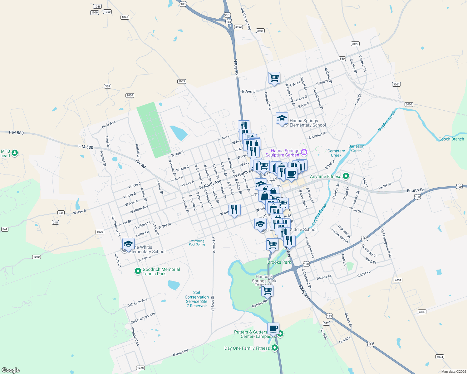 map of restaurants, bars, coffee shops, grocery stores, and more near 406 West 1st Street in Lampasas