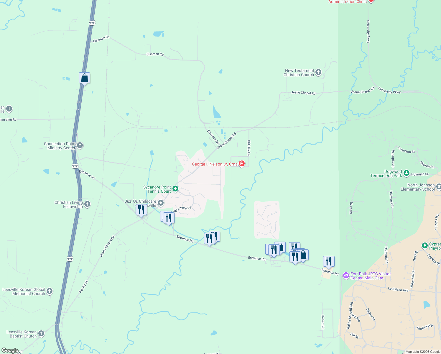 map of restaurants, bars, coffee shops, grocery stores, and more near 116 Veterans Lane in Leesville