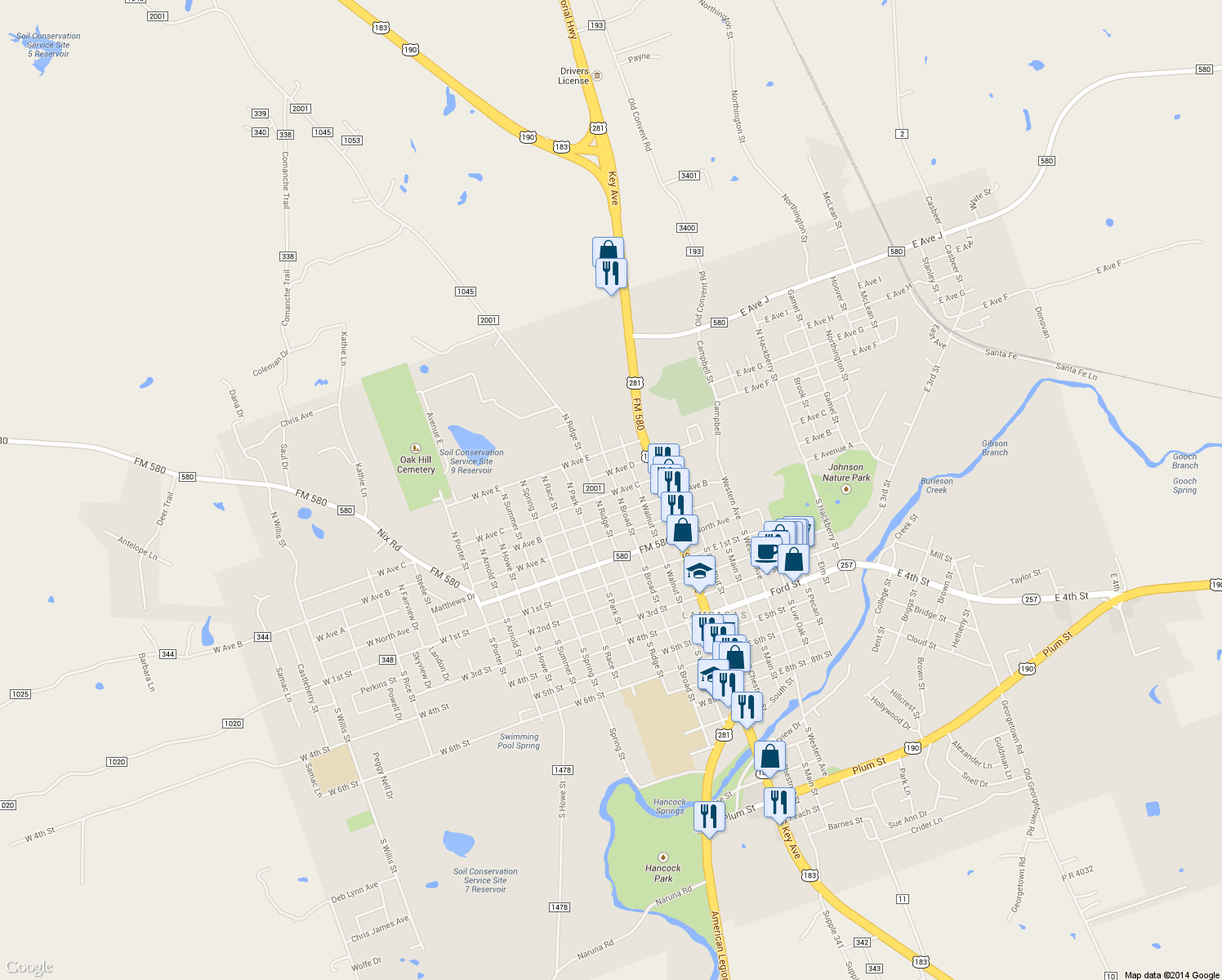 map of restaurants, bars, coffee shops, grocery stores, and more near 402 N Broad St in Lampasas