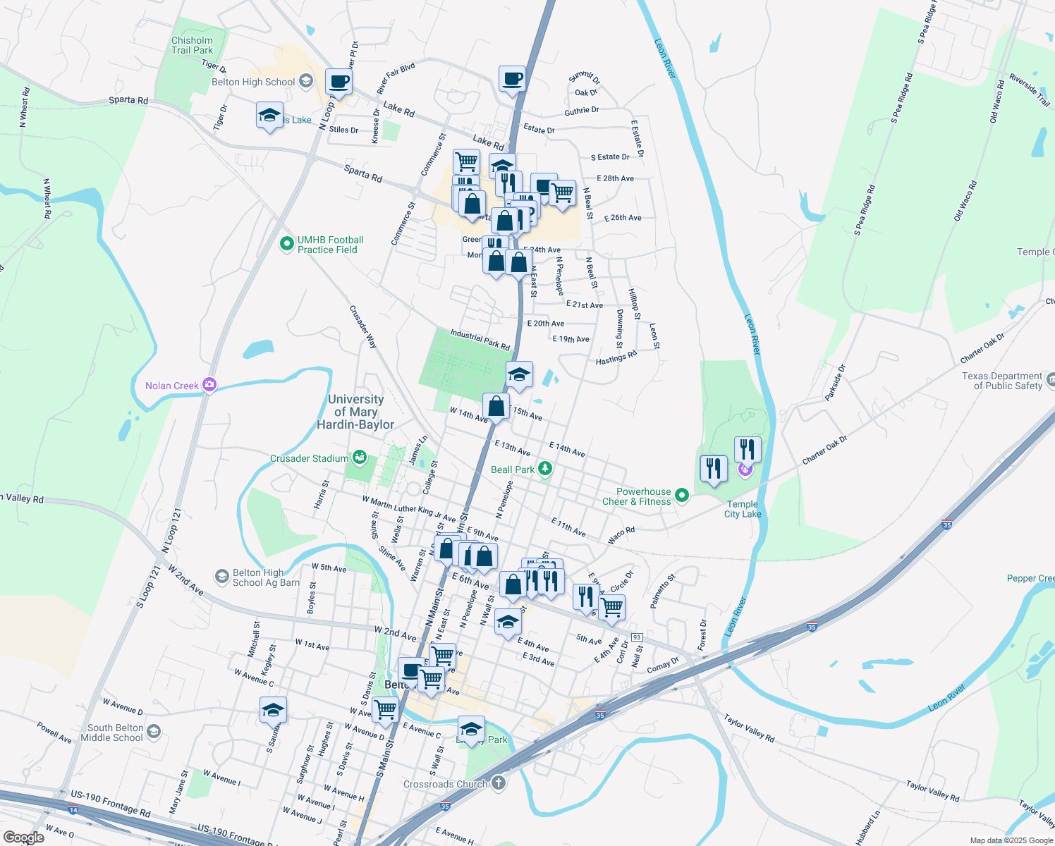 map of restaurants, bars, coffee shops, grocery stores, and more near 1408 North Penelope Street in Belton