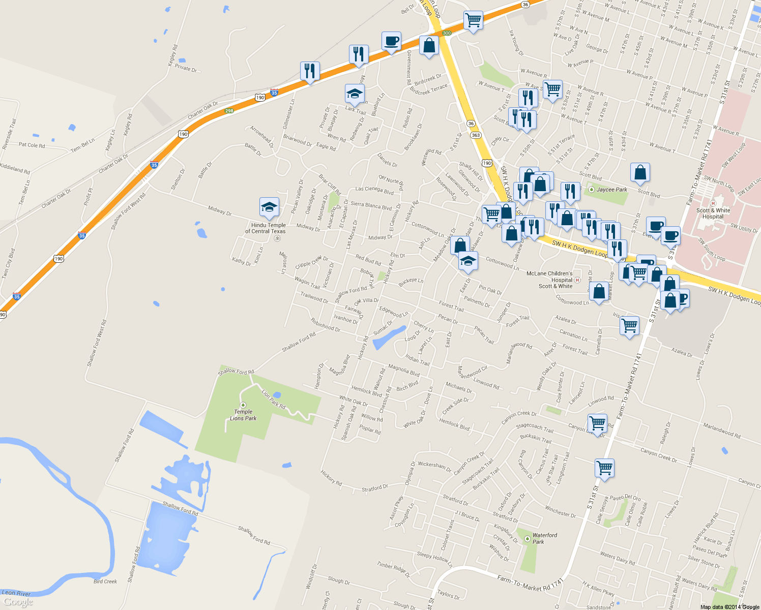 map of restaurants, bars, coffee shops, grocery stores, and more near 3414 Edgewood Ln in Temple