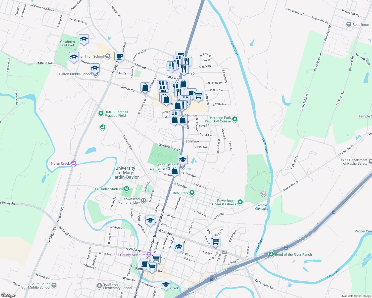 map of restaurants, bars, coffee shops, grocery stores, and more near 1805 N Main St in Belton