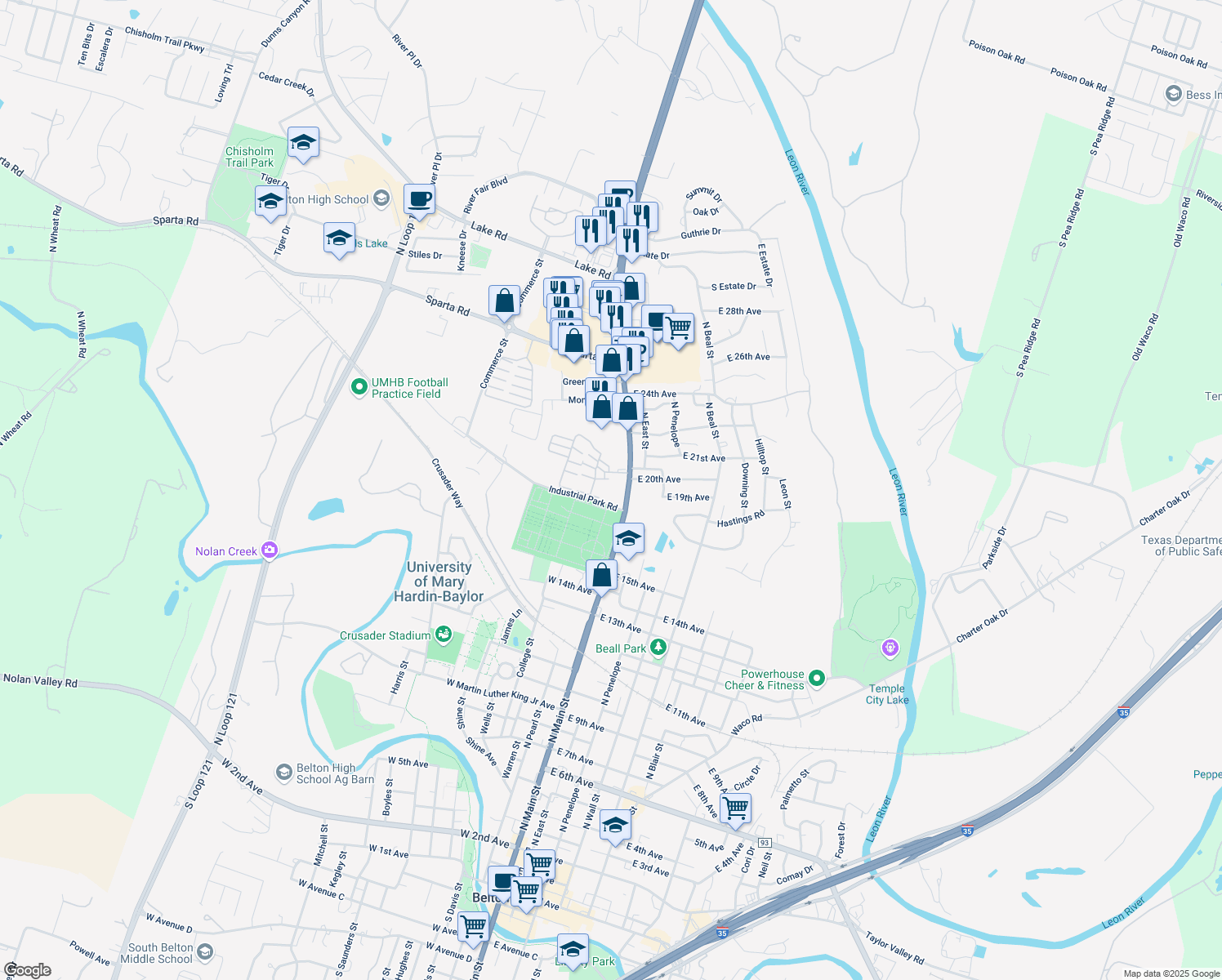 map of restaurants, bars, coffee shops, grocery stores, and more near 110 Industrial Park Road in Belton