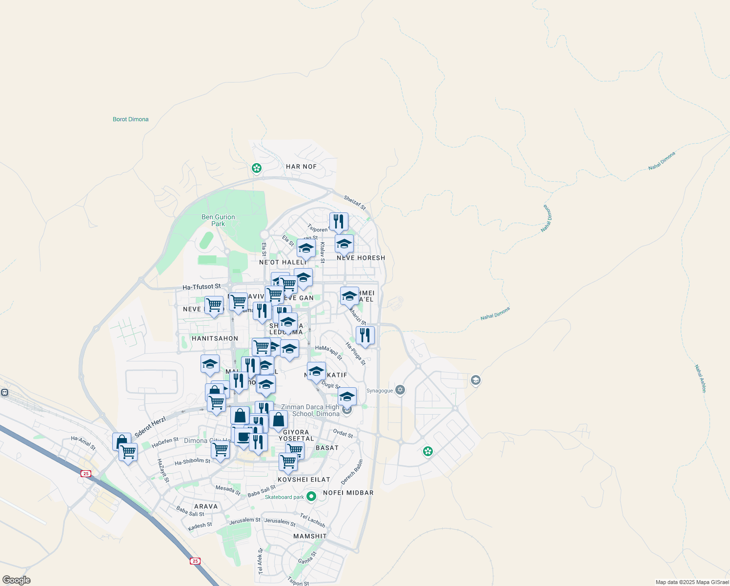 map of restaurants, bars, coffee shops, grocery stores, and more near 27 Shlomo Ibn Gabirol Street in Dimona