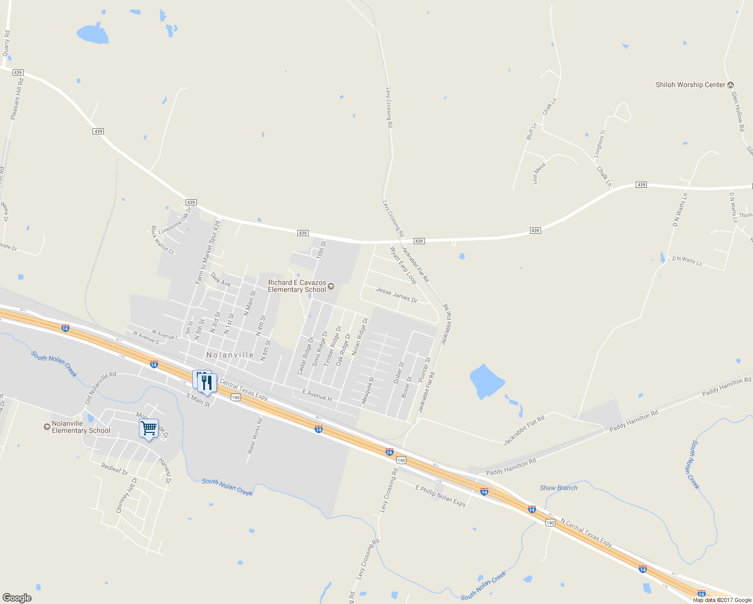 map of restaurants, bars, coffee shops, grocery stores, and more near 159 Wyatt Earp Loop in Nolanville