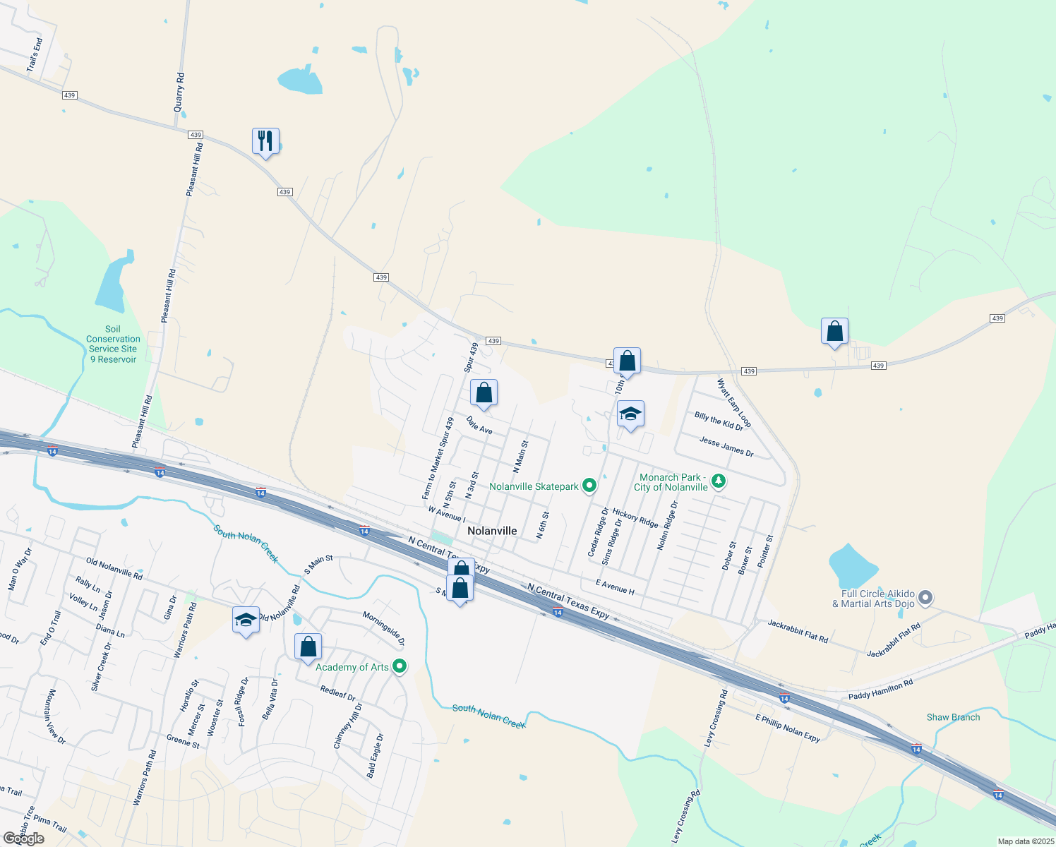 map of restaurants, bars, coffee shops, grocery stores, and more near 803 North Main Street in Nolanville