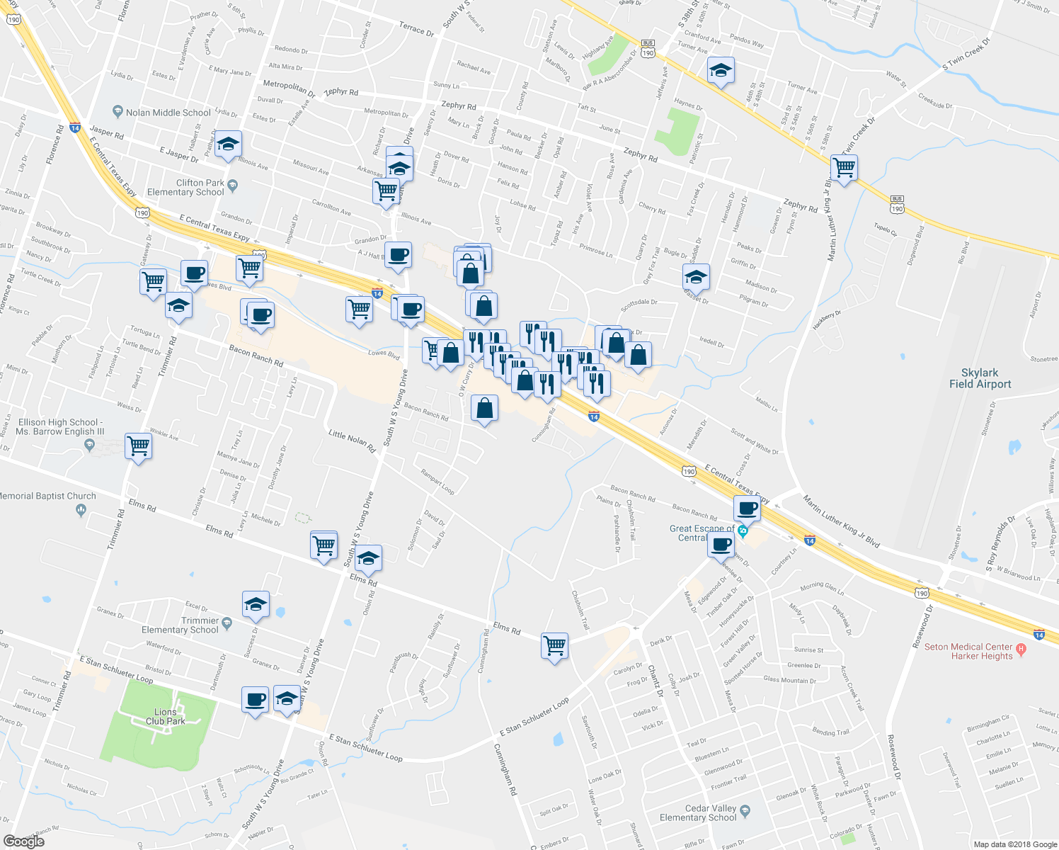 map of restaurants, bars, coffee shops, grocery stores, and more near 2700 Cunningham Rd in Killeen