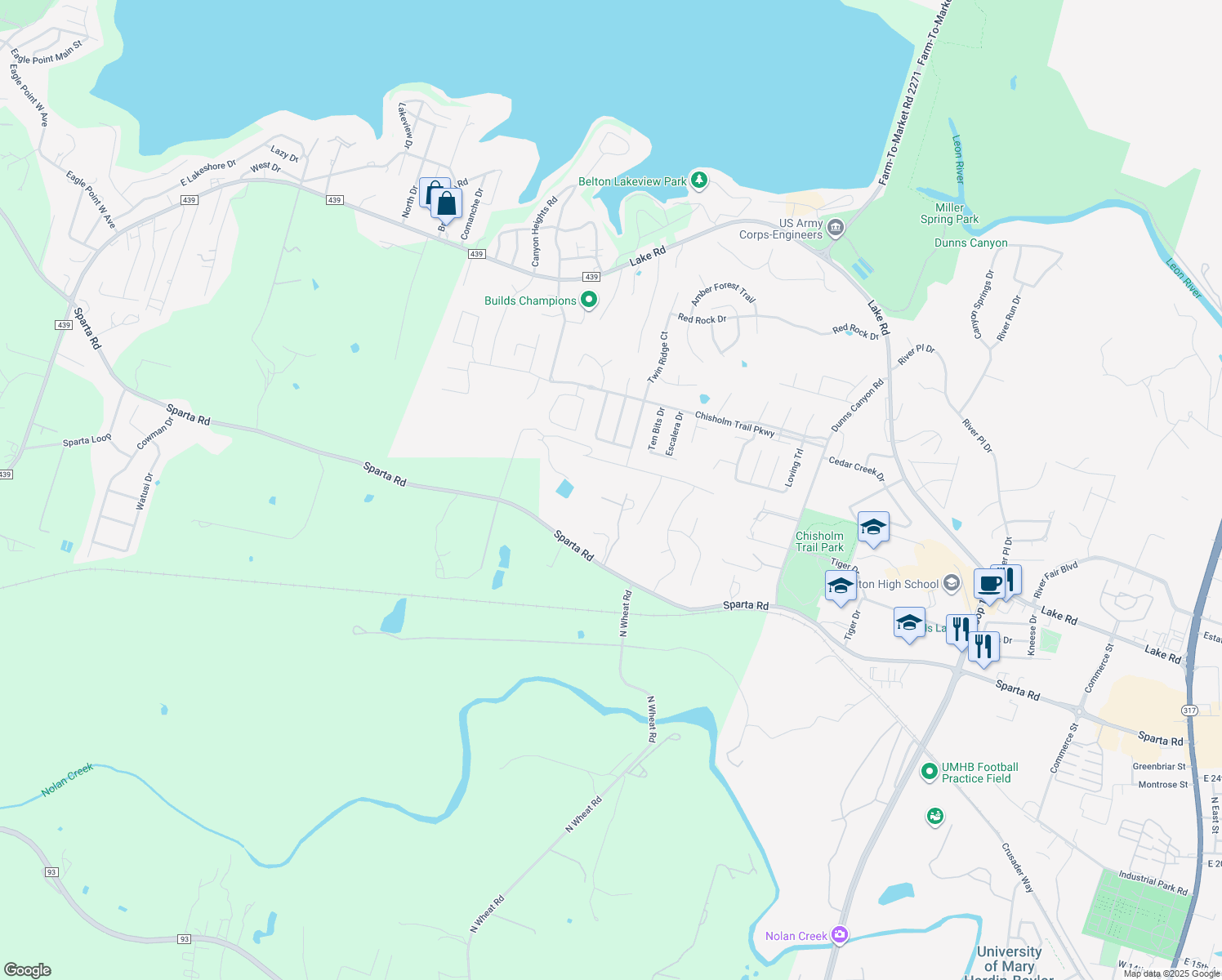 map of restaurants, bars, coffee shops, grocery stores, and more near 2312 Sparta Road in Belton