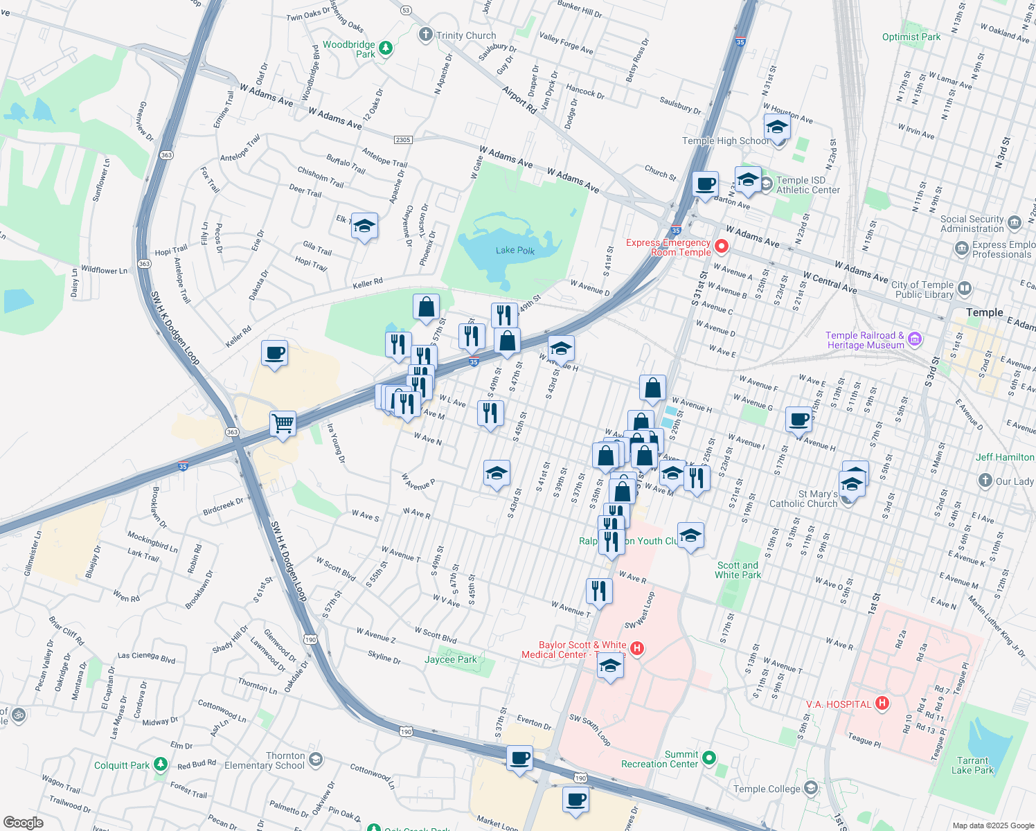 map of restaurants, bars, coffee shops, grocery stores, and more near 1116 S 45th St in Temple