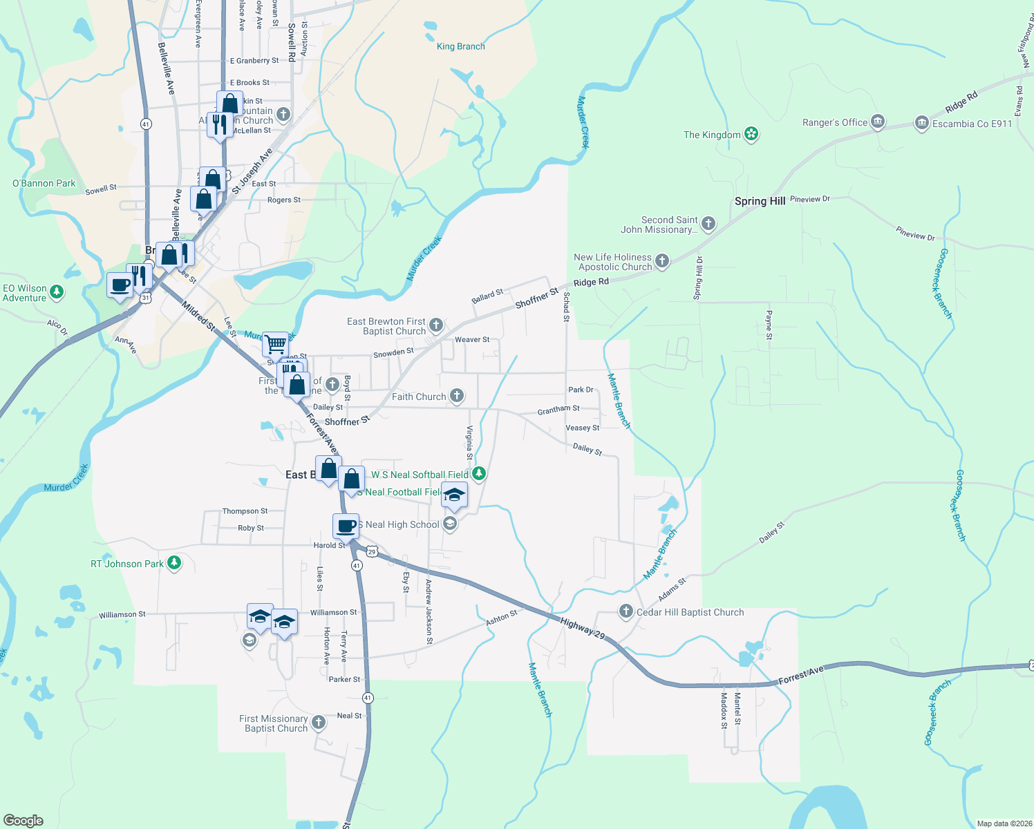 map of restaurants, bars, coffee shops, grocery stores, and more near 908 Dailey St in East Brewton