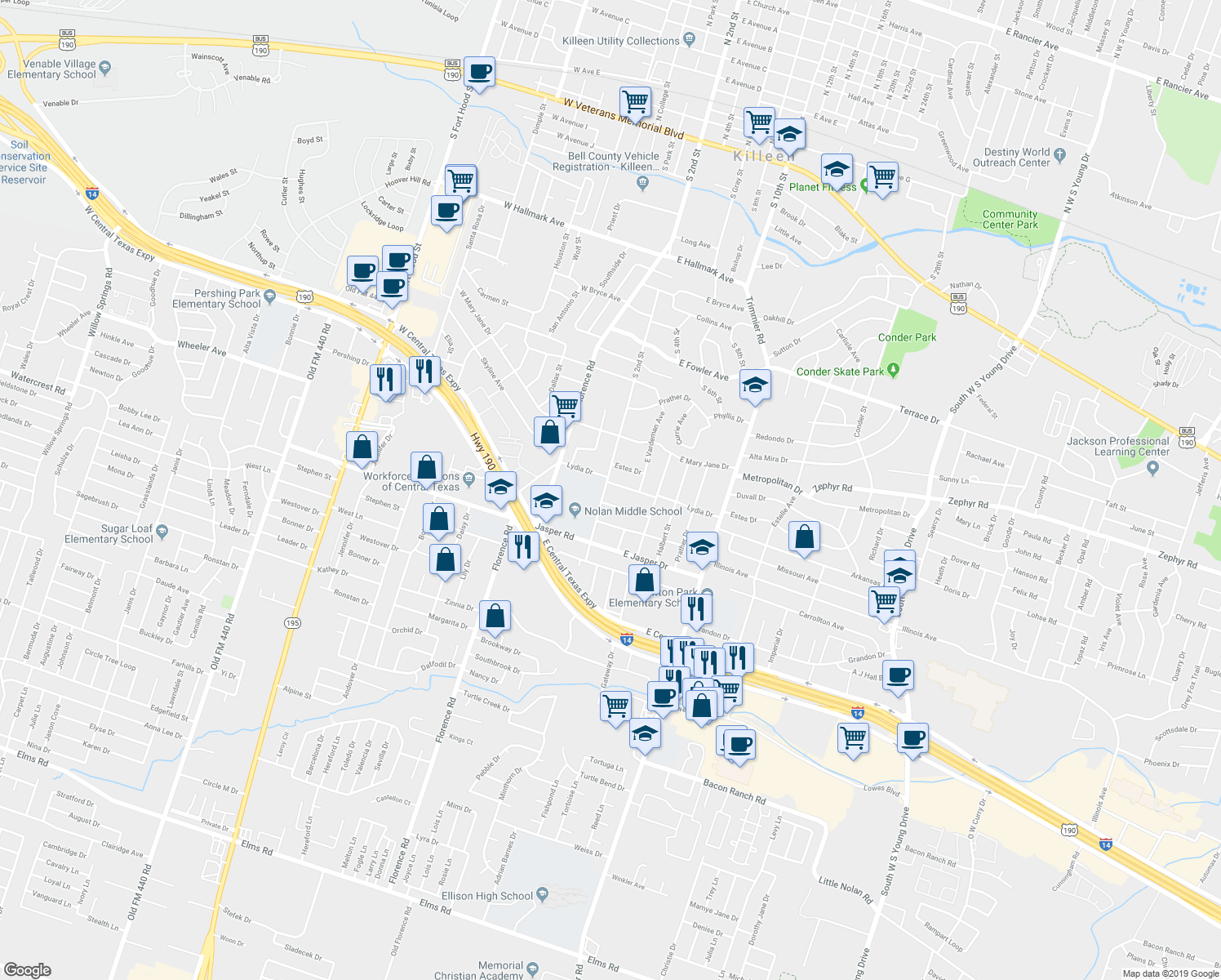 map of restaurants, bars, coffee shops, grocery stores, and more near 602 Lydia Drive in Killeen