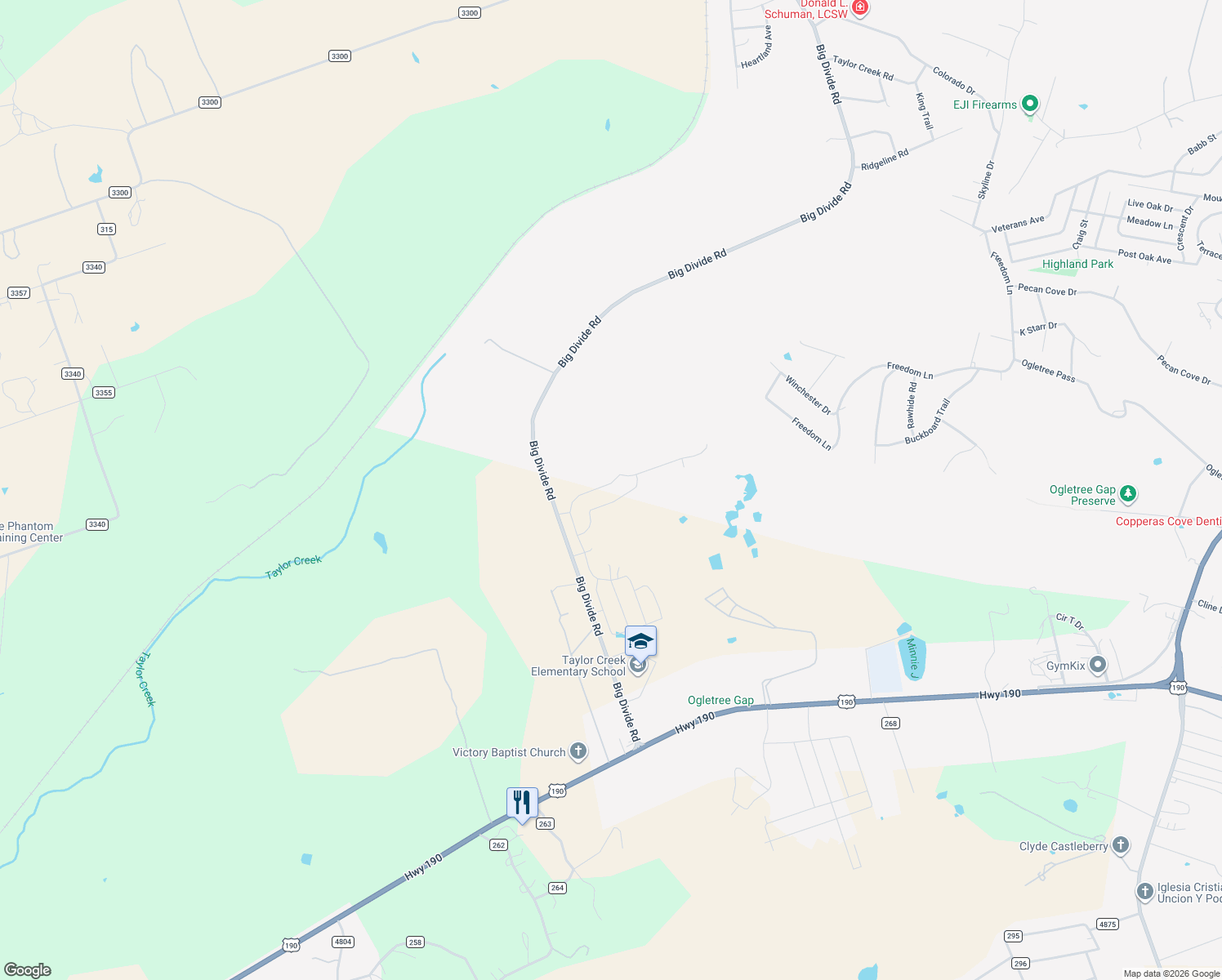 map of restaurants, bars, coffee shops, grocery stores, and more near 2267 Big Divide Road in Copperas Cove