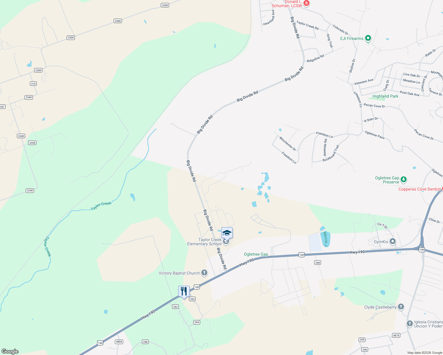 map of restaurants, bars, coffee shops, grocery stores, and more near Big Divide Road in Copperas Cove