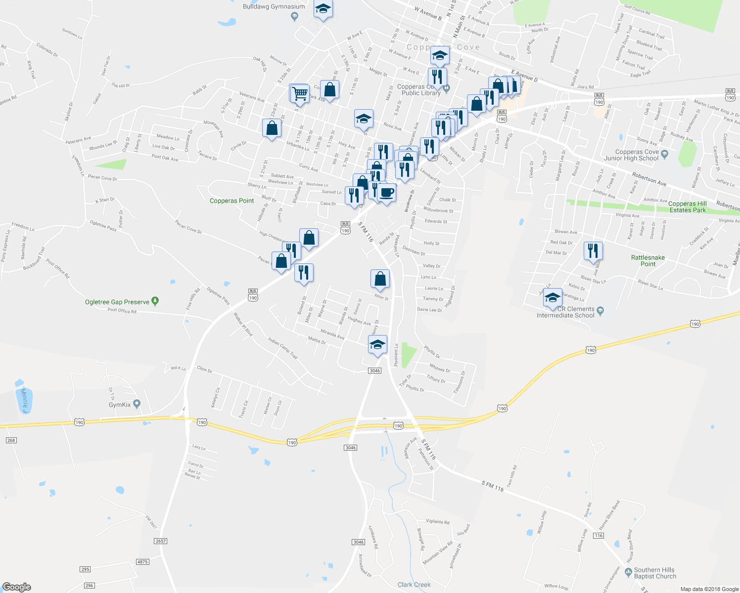 map of restaurants, bars, coffee shops, grocery stores, and more near 1214 Ritter Street in Copperas Cove