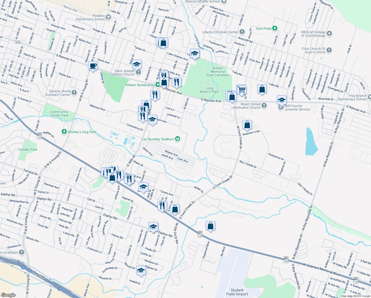map of restaurants, bars, coffee shops, grocery stores, and more near 100 North 52nd Street in Killeen