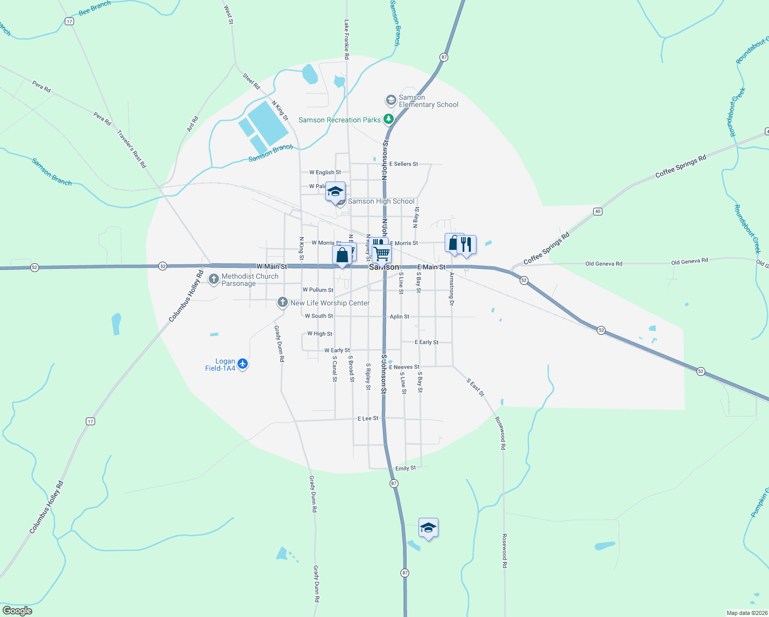 map of restaurants, bars, coffee shops, grocery stores, and more near 113 South Johnson Street in Samson