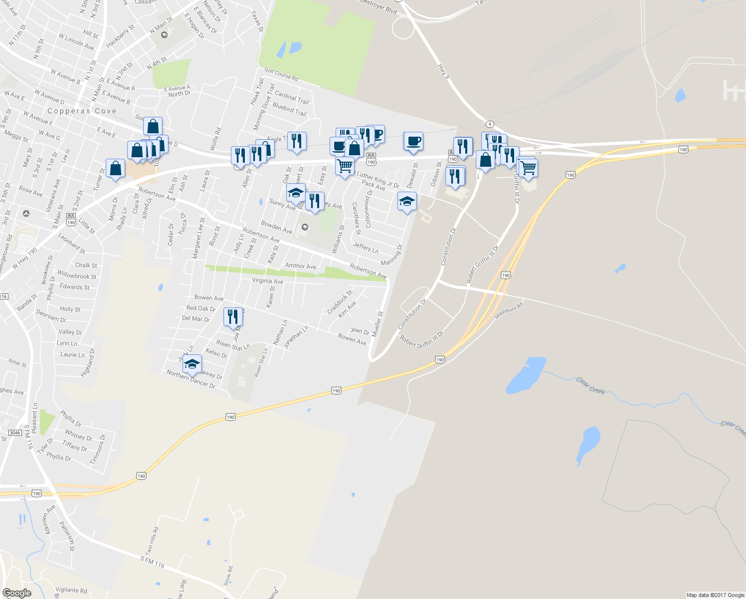 map of restaurants, bars, coffee shops, grocery stores, and more near 703 Aimee Ave in Copperas Cove
