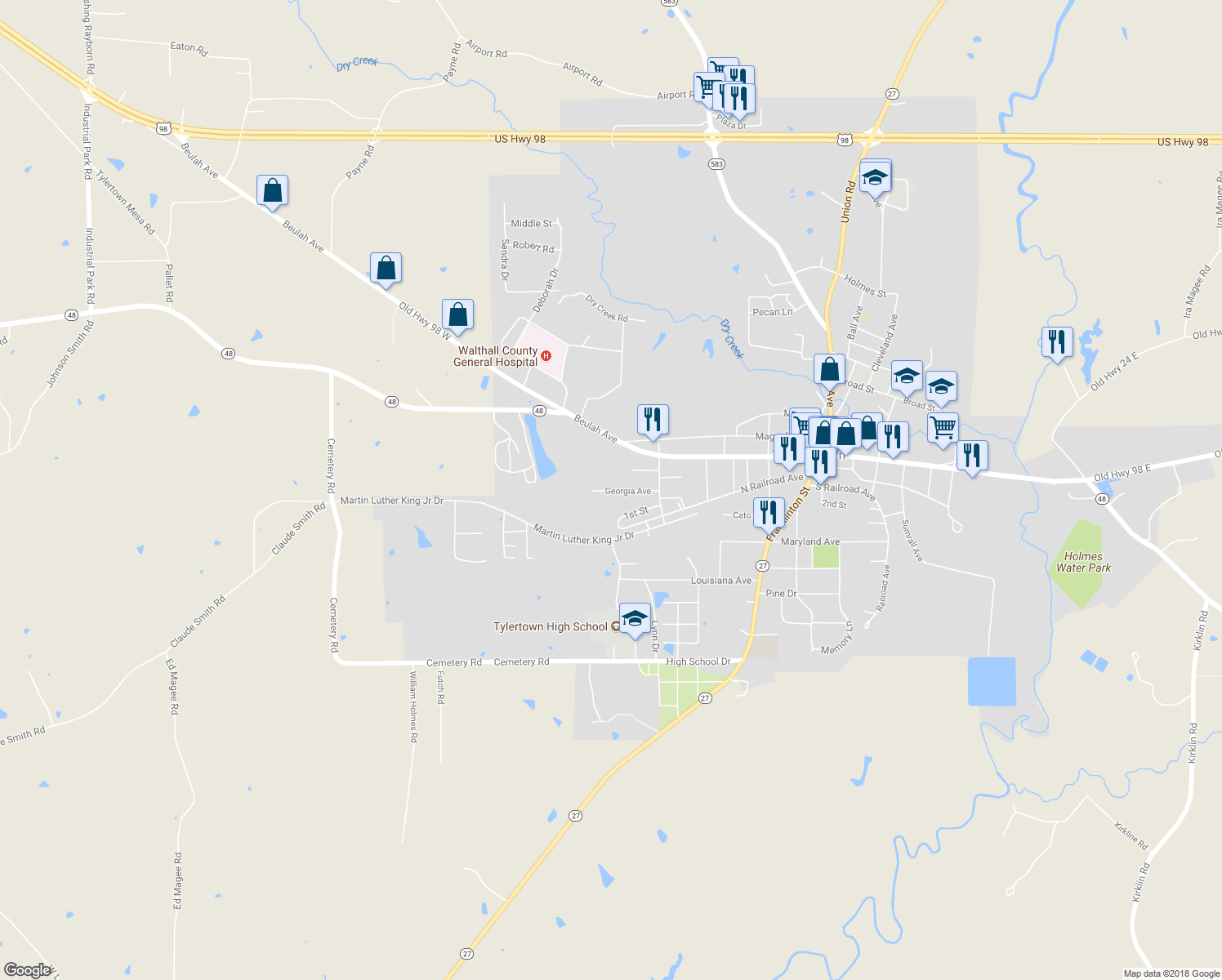 map of restaurants, bars, coffee shops, grocery stores, and more near 1501 Georgia Avenue in Tylertown