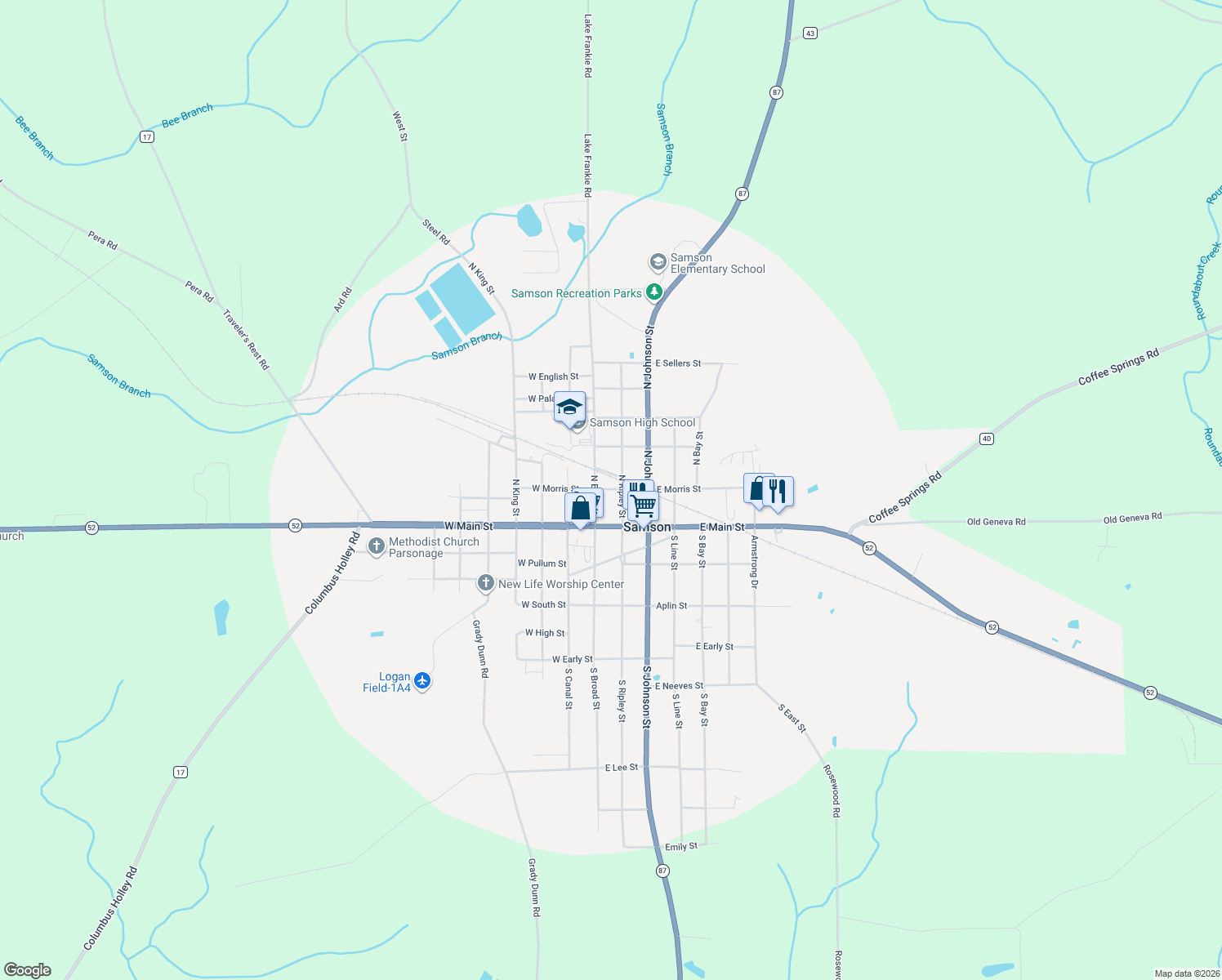 map of restaurants, bars, coffee shops, grocery stores, and more near 98 E Morris St in Samson