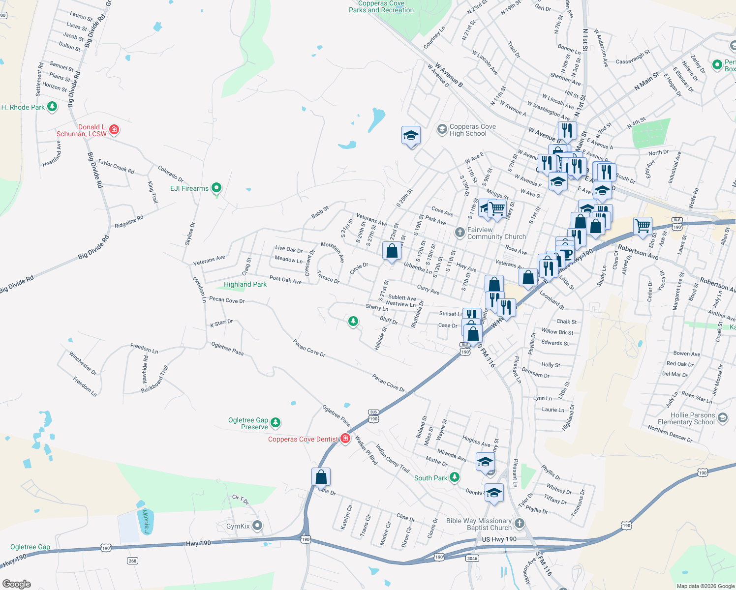map of restaurants, bars, coffee shops, grocery stores, and more near 1502 South 23rd Street in Copperas Cove