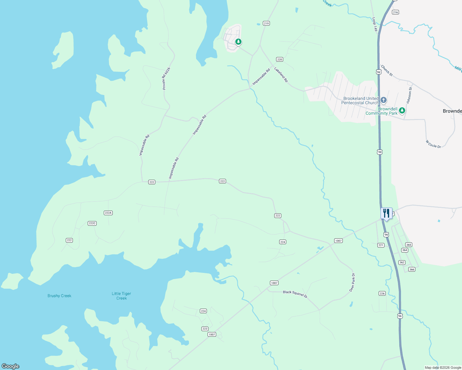 map of restaurants, bars, coffee shops, grocery stores, and more near County Road 222 in Brookeland
