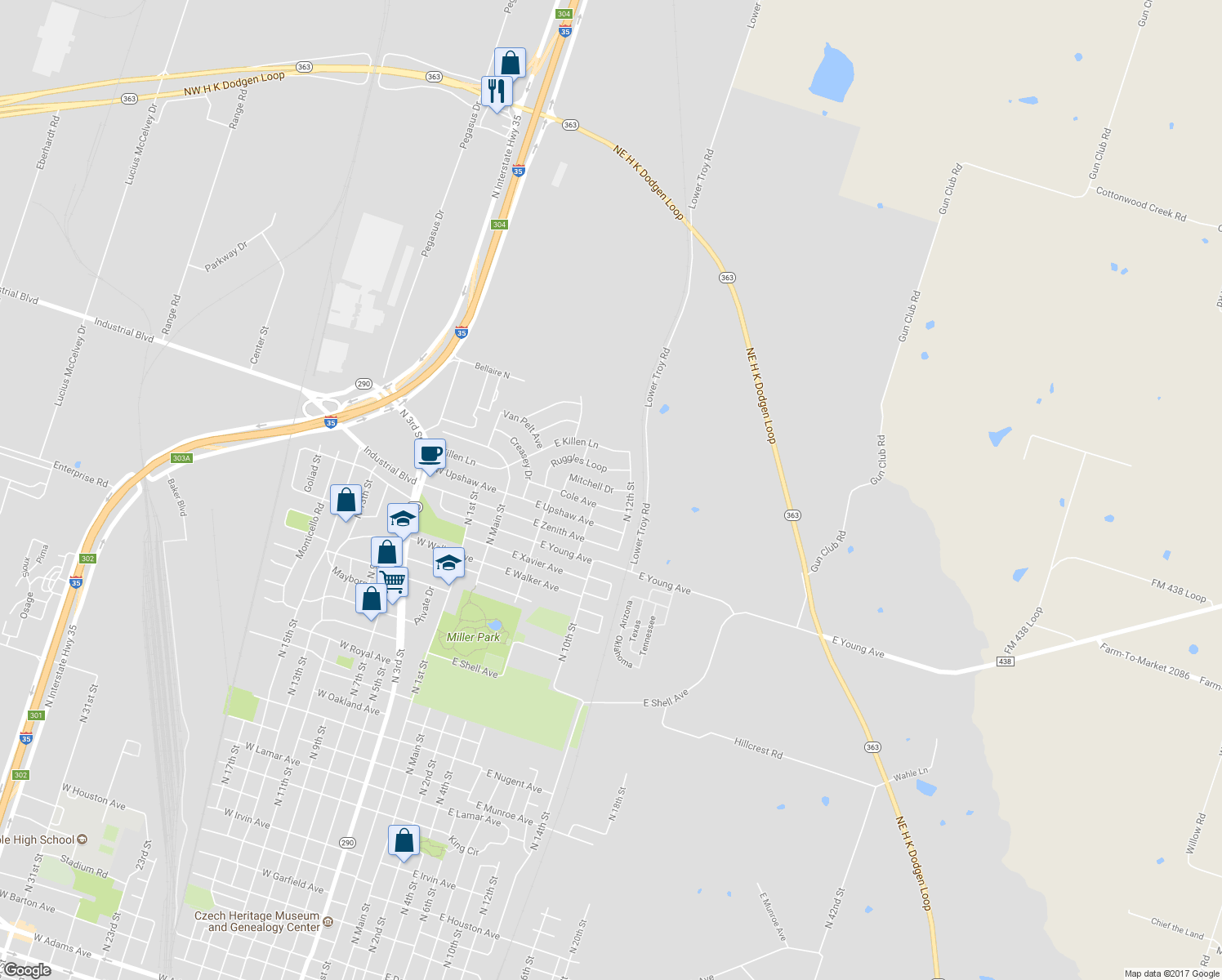 map of restaurants, bars, coffee shops, grocery stores, and more near 309 Mitchell Drive in Temple