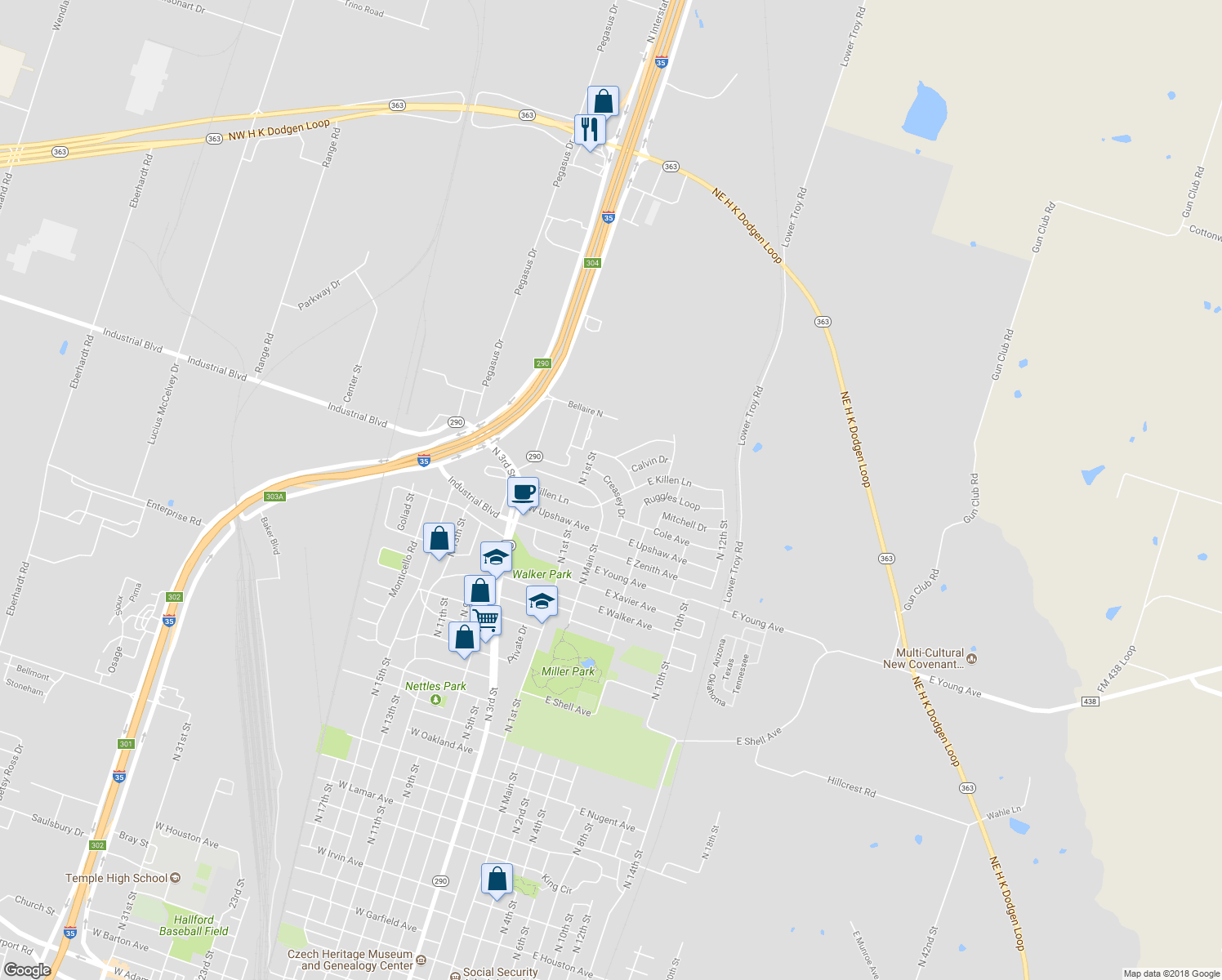 map of restaurants, bars, coffee shops, grocery stores, and more near 3002 Creasey Drive in Temple