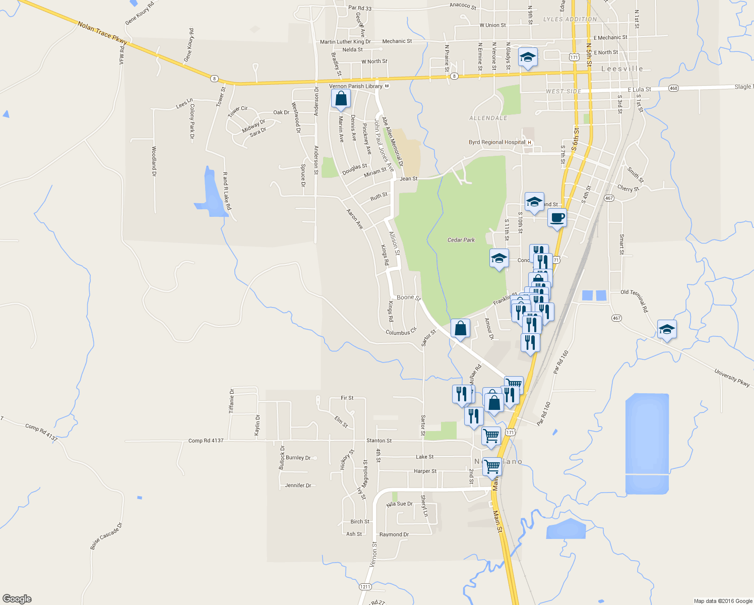 map of restaurants, bars, coffee shops, grocery stores, and more near 2002 Columbus Circle in Leesville
