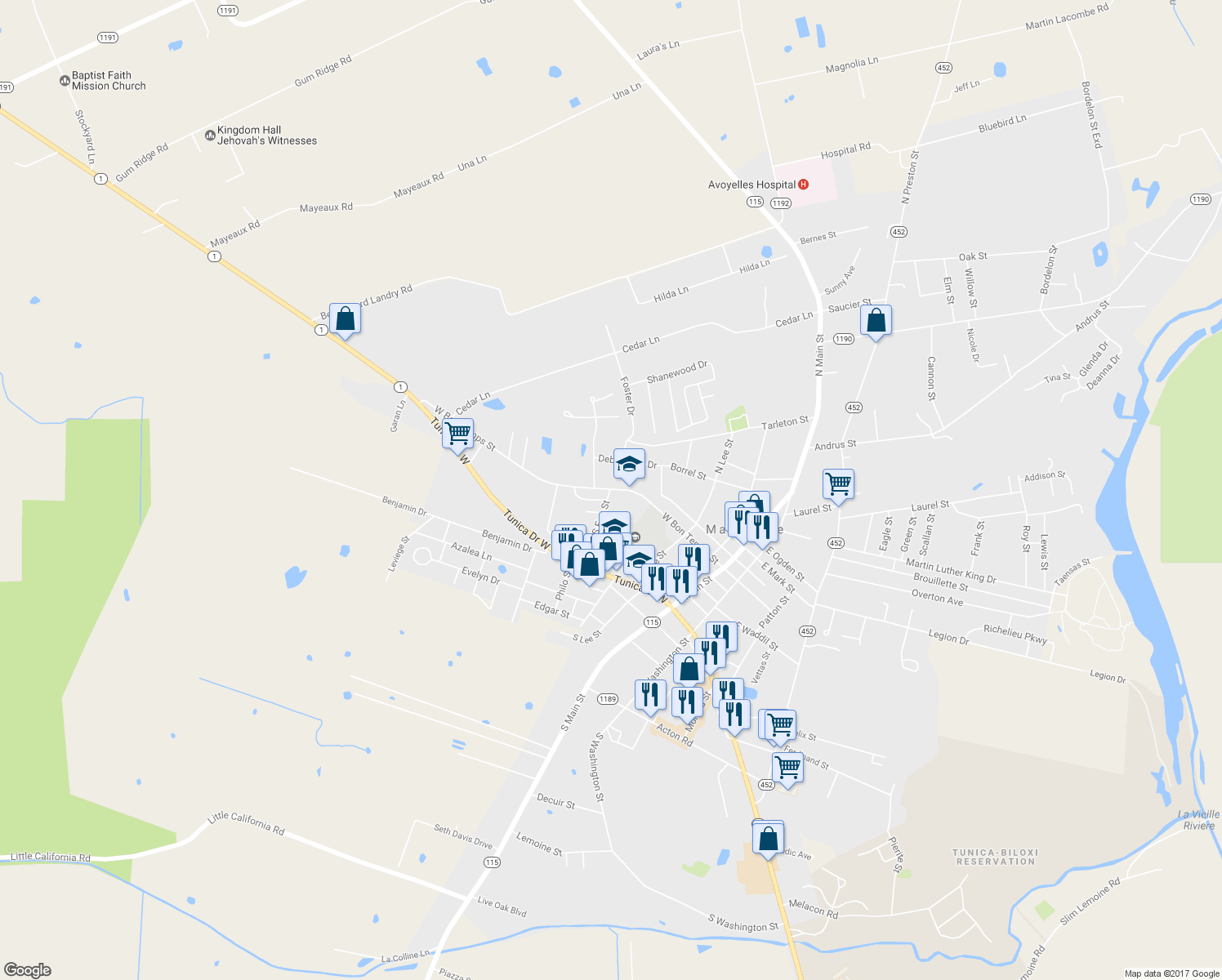 map of restaurants, bars, coffee shops, grocery stores, and more near 489 West Bon Temps Street in Marksville
