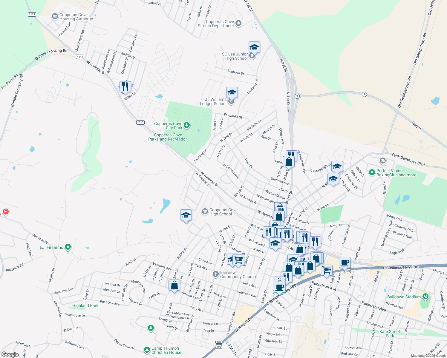 map of restaurants, bars, coffee shops, grocery stores, and more near 810 Kielman Drive in Copperas Cove