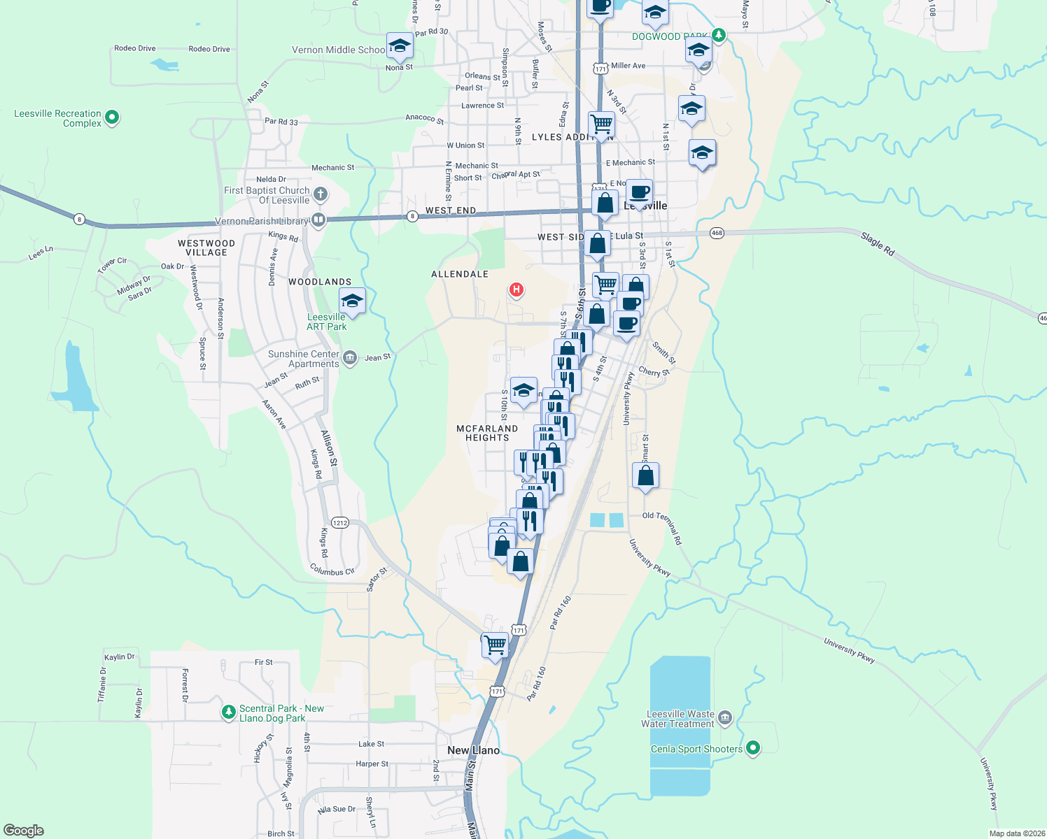 map of restaurants, bars, coffee shops, grocery stores, and more near 1299 South 9th Street in Leesville