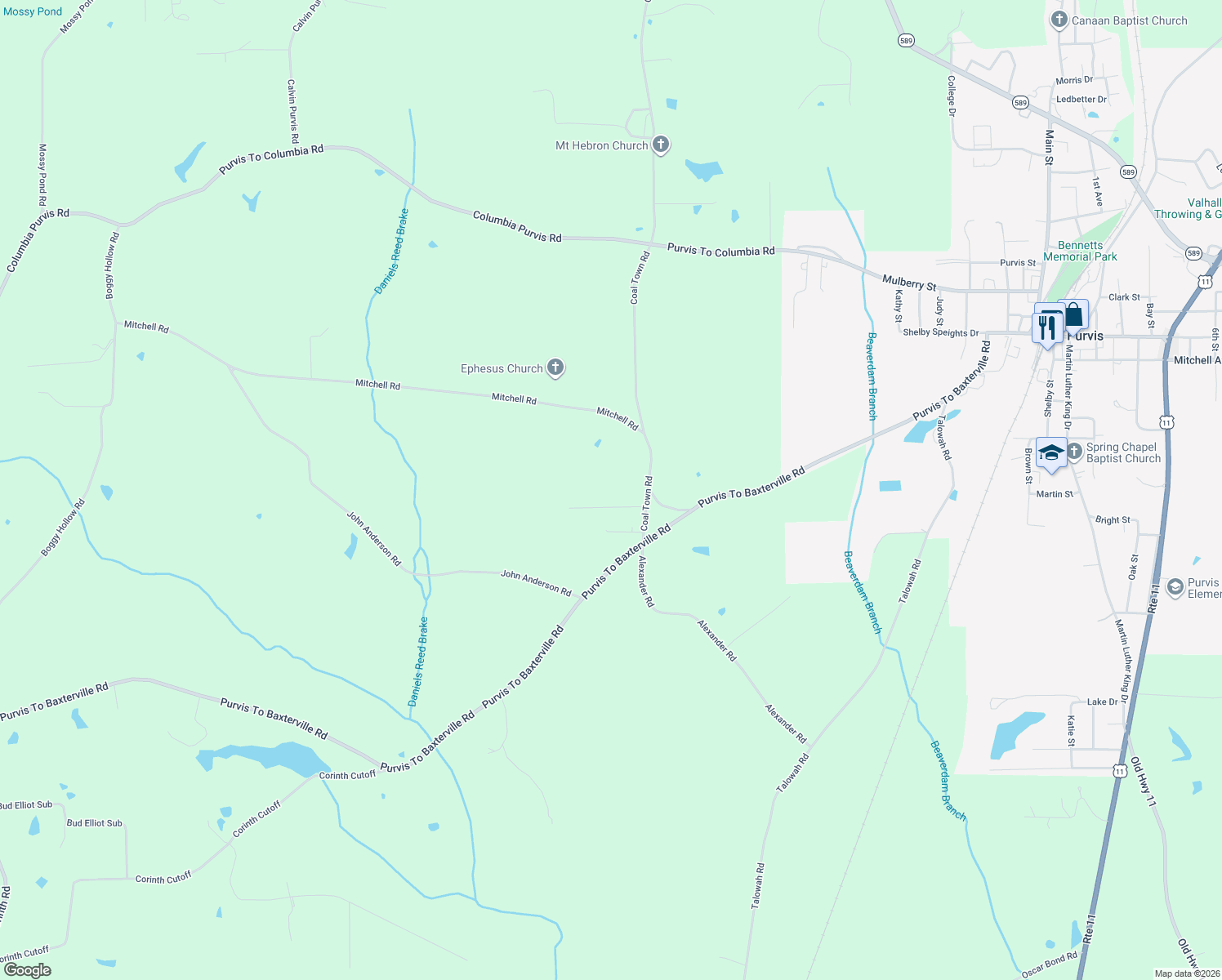 map of restaurants, bars, coffee shops, grocery stores, and more near 20 Blain Rd in Purvis