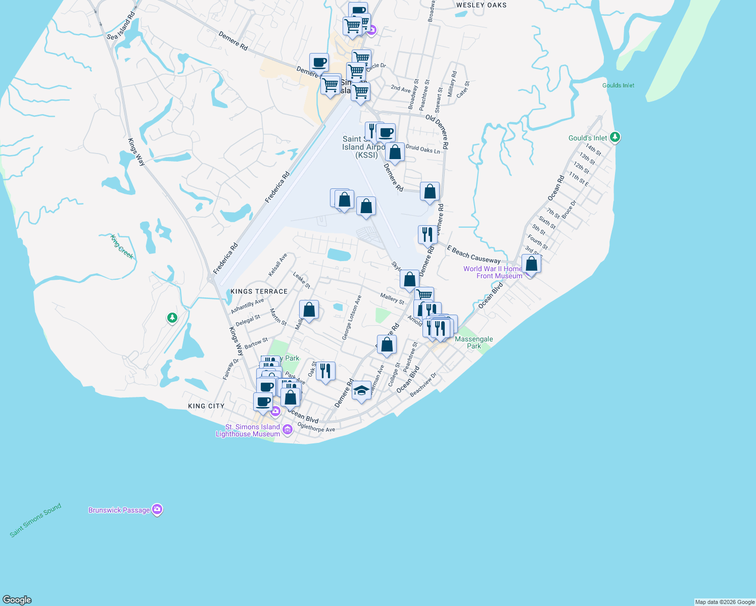 map of restaurants, bars, coffee shops, grocery stores, and more near 1129 Mallery Street in Saint Simons Island