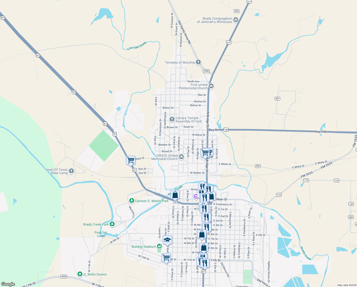 map of restaurants, bars, coffee shops, grocery stores, and more near 706 Crothers St in Brady