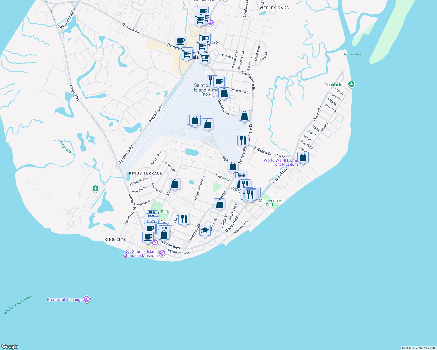 map of restaurants, bars, coffee shops, grocery stores, and more near 1129 Mallery St in St Simons
