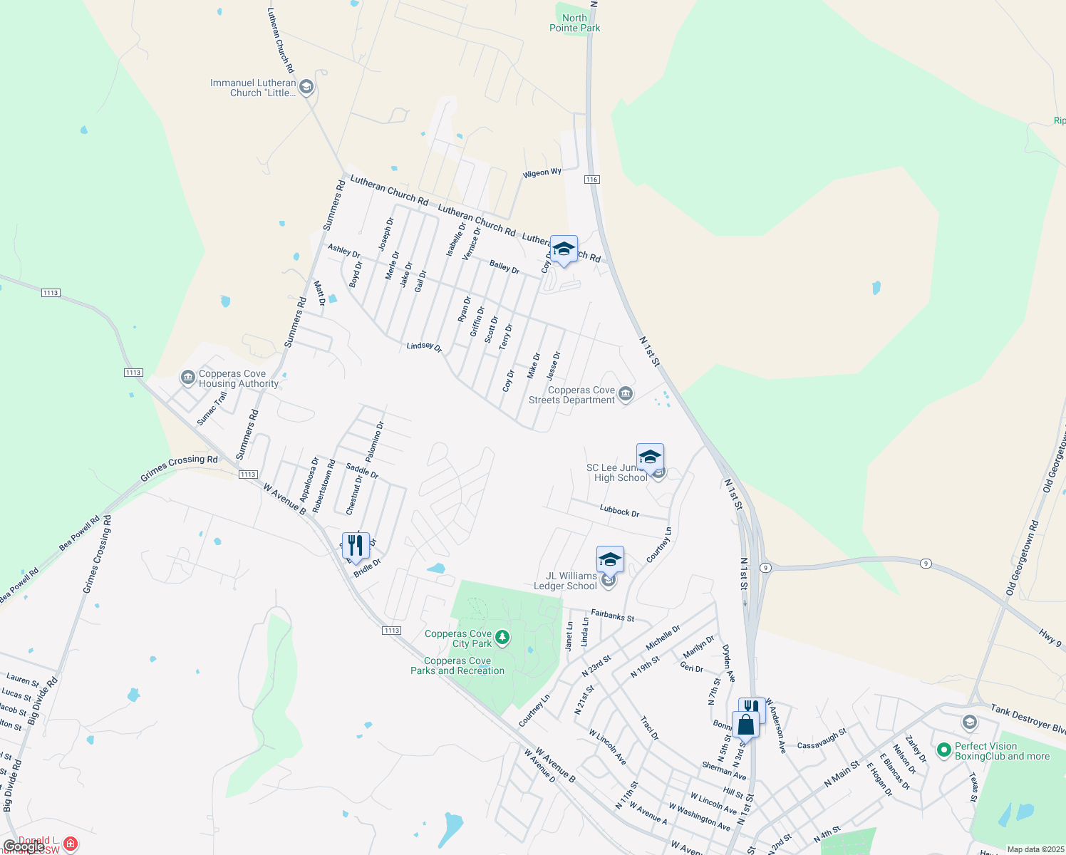 map of restaurants, bars, coffee shops, grocery stores, and more near 1812 Jesse Drive in Copperas Cove