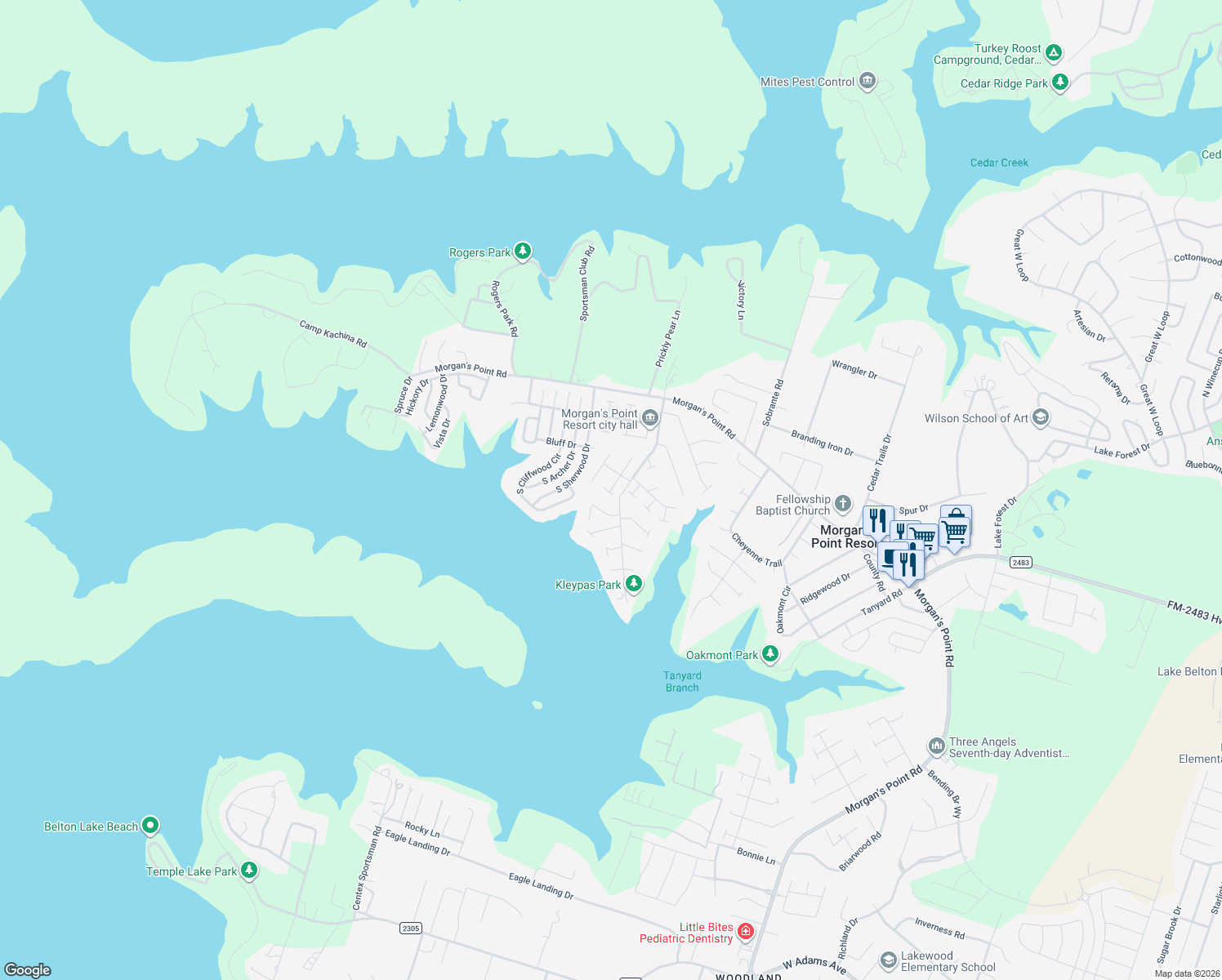 map of restaurants, bars, coffee shops, grocery stores, and more near 28 Morgan's Point Boulevard in Belton