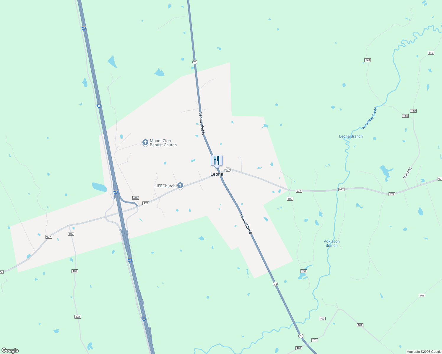 map of restaurants, bars, coffee shops, grocery stores, and more near Highway 75 in Leona